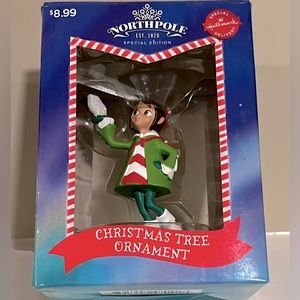 Hallmark Northpole Ornament in Box Boy in Green Coat Holding Snowflake